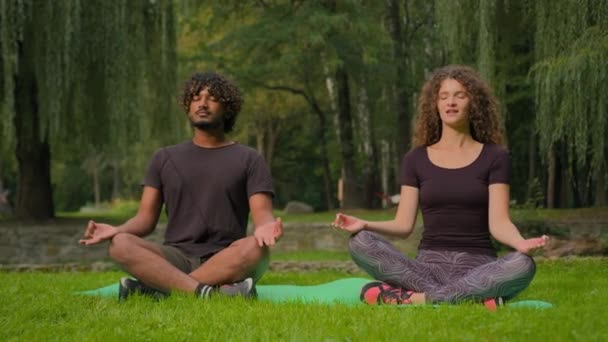 瑜珈运动晨间冥想多种族夫妇阿拉伯印第安人白人妇女坐着莲花静坐禅定静坐静坐公园自然中的静坐静坐户外精神静坐城市的和平平衡 — 图库视频影像