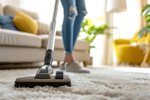 Close up one person cleaning the living room vacuum cleaner carpet housekeeping home flooring rug sweeping apartment hygiene chores inside leisure activity neat routine freshness dirty electric device