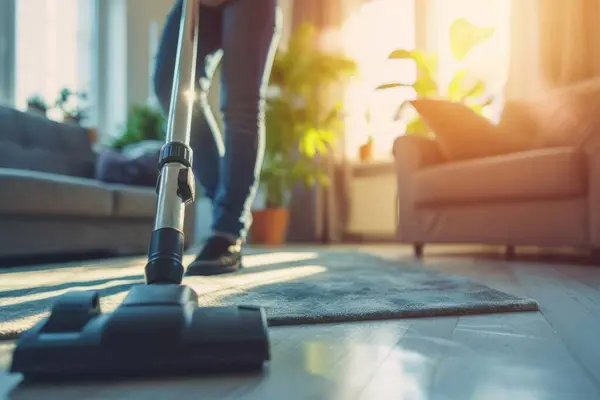 Close One Person Cleaning Living Room Vacuum Cleaner Carpet Housekeeping — Stock Photo, Image