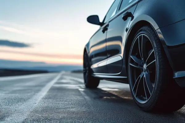 Close up car road trip speed insurance transportation driving wheel low camera position sunset motion auto travel automobile vehicle traffic highway fast modern asphalt way lease engine city journey