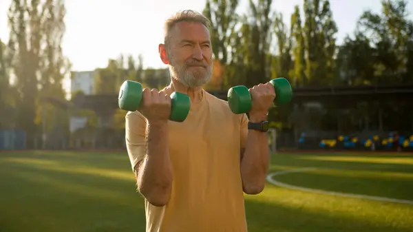 Old Caucasian Man Grandfather Lift Dumbbell Pump Biceps Sport Athlete — Stock Photo, Image