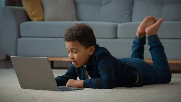 African American Kid Boy Ethnic School Pupil Studying Online Home — Fotografia de Stock