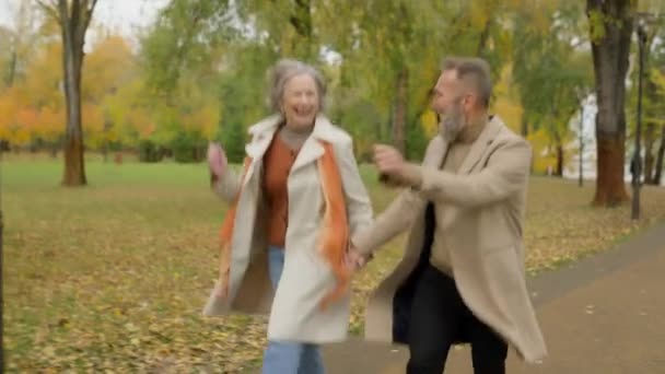 Happy Joyful Senior Couple Jumping Dancing Autumn Park Love Married — Stock Video