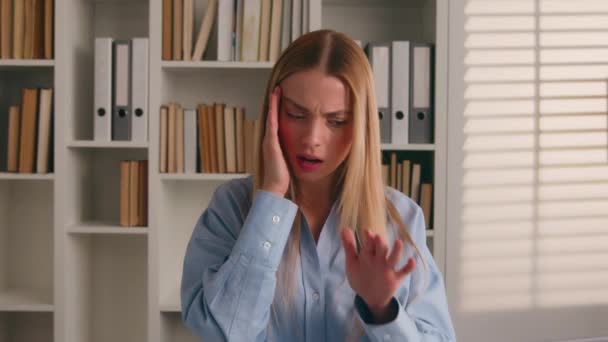 Caucasian Businesswoman Laptop Suffer Headache Stressed Overwhelmed Office Worker Woman — Stock Video
