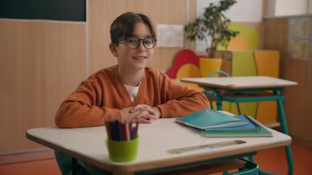 相貌上的小白脸男孩 戴着眼镜 健康的儿子 看着坐在桌旁的相机 小学教室里笑着 小学生 小学生 小学生 小学生 小学生 — 图库视频影像