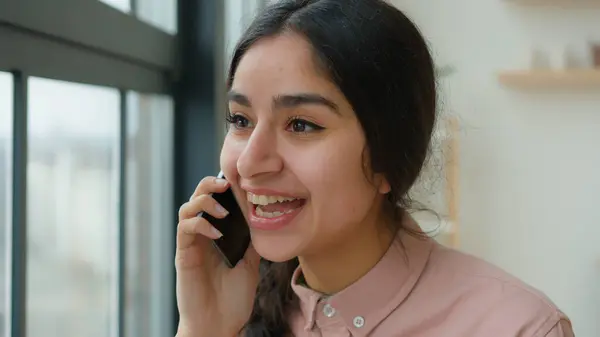 Cheerful Laughing Indian Arabian Girl Gen Student Speak Mobile Phone — Stock Photo, Image