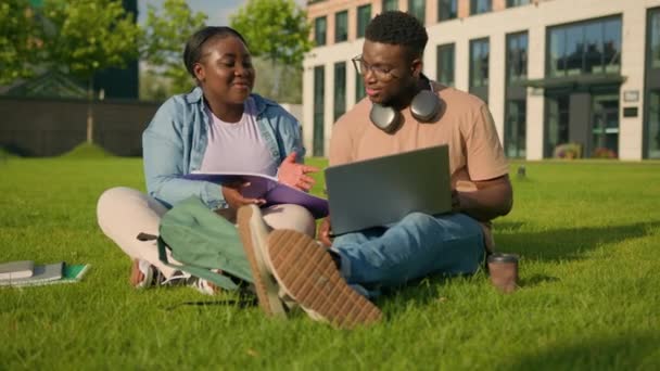 아프리카계 미국인 플러스 Gen 온라인 노트북과 잔디에 공원에서 — 비디오