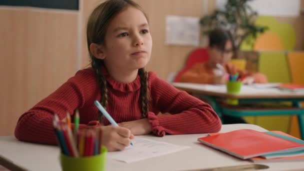 Cute Smart Clever Caucasian Primary School Child Girl Kid Daughter — Stock Video