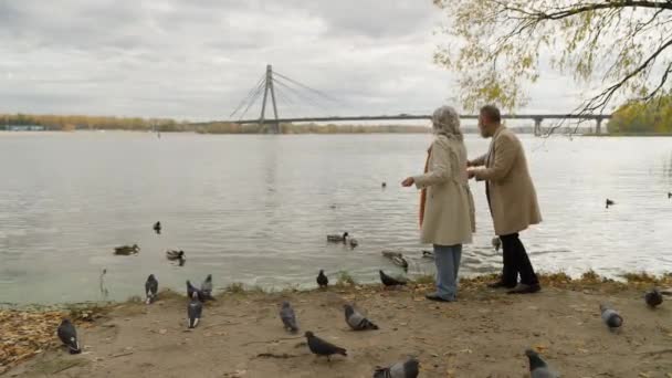 秋の公園で湖でアヒルを食べる白人上級中年のカップル成熟した女性男性 リラックス週末引退した女性 屋外のパンで鳥を飼う フルビュー — ストック動画