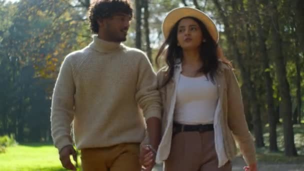 Happy Multietnisk Par Kærlighed Walking Taler Holder Hænder Park Romantisk – Stock-video