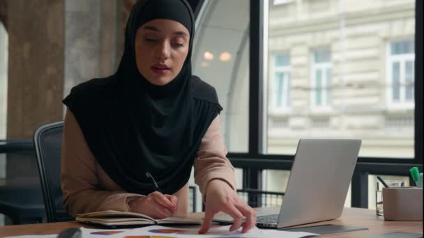 穆斯林忙着聚精会神的伊斯兰女性阿拉伯女商业分析家女工经理工作文件图五颜六色的州级设计师女商人在办公室用手提电脑书写头巾 — 图库视频影像