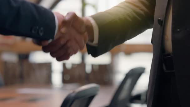 Two Male Hands Shaking Greeting Welcome Gesture Congratulation Conclude Agreement — Stock Video
