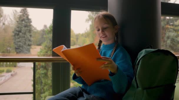 Κοριτσάκι Κάθεται Σχολική Αίθουσα Ανάγνωση Βιβλίο Προετοιμάσει Μάθημα Εργασίας Εξέταση — Αρχείο Βίντεο