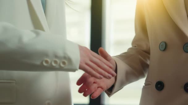 Crop View Close Two Business Women Handshaking Office Unity Teamwork — Αρχείο Βίντεο