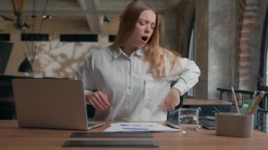 Business work office table laptop computer Caucasian businesswoman girl female business woman at desk suffer discomfort lower neck pain osteochondrosis health problem discomfort sitting ache backache