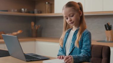 Beyaz kız öğrenci evde internetten ders çalışıyor. Laptop web sınıfı öğretmeni, e-öğrenme pandemik izolasyon videosundan. Mutfaktaki çocuk uzaktan eğitiminde ödev yazma görevi.