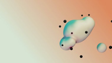 Liquid fluid dynamic abstract animated white metaball floating spheres blobs drops bubbles in transition deformation beige background with black little pearls 3d render for presentation business adds