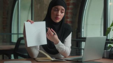 Kadın mimar iş analisti üzgün Arap müslüman kadın tesettür kızı başörtüsü iş kadını video konferansı online konferans laptop raporu belge grafiği danışmanlığını gösteriyor
