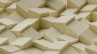 Soyut dinamik kübik döngülü sarı tahta küpler bloklar kareler tuğlalar 3 boyutlu şekiller yukarı doğru hareket ediyor dikişsiz döngü animasyon modern tasarım duvar kağıtları birçok kutu silindirleri sunum arkaplanı