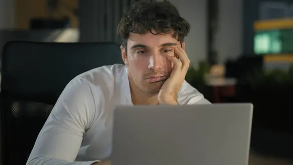 stock image Tired exhausted Caucasian businessman bored fatigued male designer with computer project sad overworked overtime working at creative modern office business man employer work laptop boring deadline