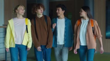 Dört beyaz öğrenci, erkek, kadın, kız, erkek, erkek, genç, erkek, kız, üniversite koridorunda yürüyen, arkadaşça gülümseyen, eğitimle ilgili konuşan arkadaşlar.