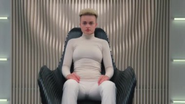 Siber oyun hacker kızı, beyaz kadın, kendine güvenen iş kadını, ciddi bir şekilde neon fütüristik uzay siber punk moda oyunları, sanal gerçeklik, meta-kurgu teknolojisi.