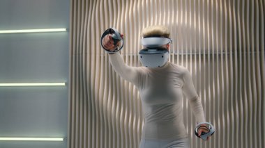 Kadın oyuncu kız oyun bağımlısı beyaz neon fütüristik 3D meta dünya gözlüklü VR gözlüklü kadın sanal gerçeklik simülasyonu oyun kontrolörleri bilgisayar oyunu metaverse