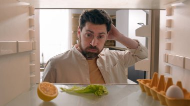 Hungry man guy open empty refrigerator with half lemon lettuce leaf one egg slice of bread leftover orange juice in bottle confused puzzled sad need food delivery point of view POV from inside fridge