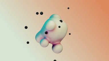 Liquid fluid dynamic abstract animated white metaball floating spheres blobs drops bubbles in transition deformation beige background with black little pearls 3d render for presentation business adds