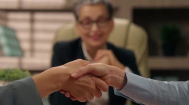Beyaz iş kadını kadın ofis işi anlaşması. El sıkışma. Anlaşma anlaşması. Sözleşme.