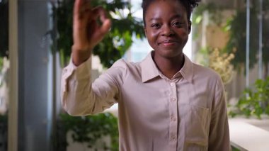 Afro-Amerikalı öğrenci mutlu iş kadını kadın komisyoncu ofis içi iş kadını Tamam el hareketi tamam gülümseme onaylama işe alımı mükemmel sonuç geri bildirim