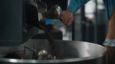 Afro-Amerikalı erkek işçi kahve kızartılmış kumaş endüstrisinde çalışıyor. Kızartma makinesiyle çalışıyor. Baskı yapıyor.