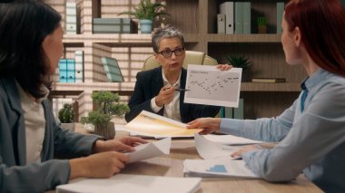 Beyaz takım lideri grafikleri gösteriyor. İş arkadaşları iş görüşmelerini analiz ediyor. İstatistikleri tartışıyor.