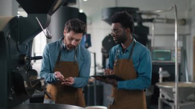 Afro-Amerikan Kafkasyalı iki adam kahve çekirdeği dokusunu inceliyor belge gözlemleri küçük işletme kalitesi koku kontrolü aroma kontrolü kavrulmuş ürün espresso fabrikası kızartma işlemi