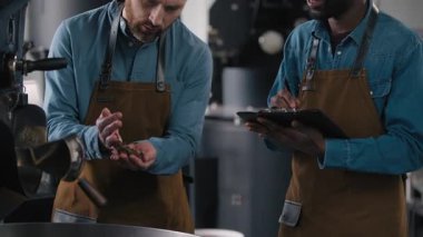 Kahve fabrikası teftişi kavrulmuş fasulye dokusu kontrolü mutlu beyaz adam Afrikalı Amerikalı iş arkadaşı aroma dokusu tartışması çok ırklı işçiler küçük işletme kalite kontrol süreci