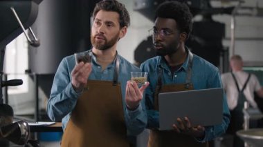 Kahve uzmanları kahve çekirdeklerini laptopta aroma analizi kullanarak karşılaştırıyorlar. Afrikalı beyaz tenli erkekler. Küçük işletme sahipleri, dijital denetim tatma, çok ırklı takım çalışması hassas kızartma fabrikası.