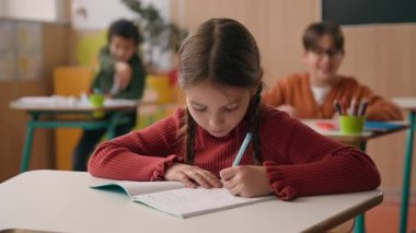 Kafkasyalı küçük kız öğrenci kız çocuğu. Kitaplarda yazan kız çocuğu. İki oğlanı görmezden geliyor.