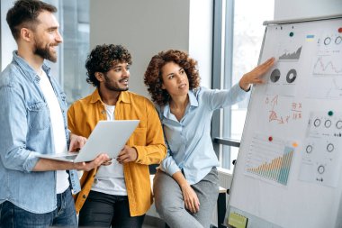 Collaboration, teamwork. Successful motivated multiracial colleagues, stand near marker board in office, developing new start-up, planning strategy, thinking about ideas, analyze risks, communicating