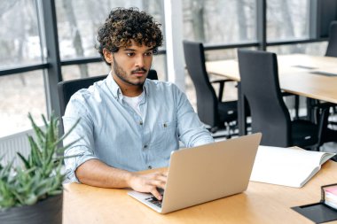 Ciddi şekilde kendine güvenen kıvırcık saçlı, kendine güvenen Hintli ya da Arap bir adam, zarif gömlekli, ofis müdürü, yönetici, modern ofiste bir masada oturuyor, dizüstü bilgisayarda çalışıyor, iş yapıyor.