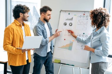 Bir grup pozitif çok ırklı meslektaşlar, modern ofiste beyaz tahtaya yakın durup, fikirler hakkında konuşuyor, riskleri ve karı analiz ediyorlar. Bir toplantı odasında grup beyin fırtınası
