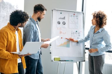 Çok ırklı iş adamları bir proje üzerinde birlikte çalışıyorlar, beyin fırtınası yapıyorlar, finansal tablolarla birlikte tahtaya yakın duruyorlar, geliri tahmin ediyorlar, riskleri analiz ediyorlar, hedefler belirliyorlar. İşbirliği kavramı