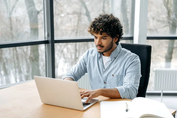 stock image Handsome successful indian or arabian curly man, financial manager, ceo, IT specialist, sitting at a desk in the modern office, focused looking at a laptop screen, working on a project or with clients