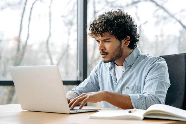 Şaşırmış Hintli ya da Arap kıvırcık adam, finans müdürü, şirket CEO 'su, ofiste bir masada oturmuş, karmaşa içinde dizüstü bilgisayara bakıyor, yanlış anlaşılma, endişe, stres...