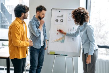 Çok ırklı finansal analistlerden, ekonomi uzmanlarından oluşan yoğun bir ekip, beyaz tahtaya yakın modern bir ofiste duruyor, mali stratejiyi, planı, perspektifi, fikirleri ve düşünceleri paylaşıyor.