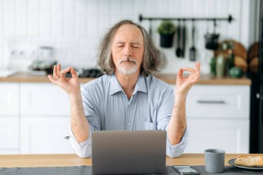 Sakin, rahat, kıdemli, beyaz saçlı, evinde, masada dizüstü bilgisayarla oturuyor. İnternette çalışırken dinleniyor, gözleri kapalı meditasyon yapıyor, gücünü tazeliyor.