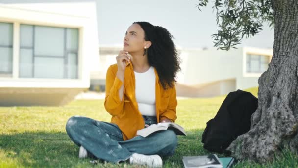 Kitap Konsepti Pozitif Sevimli Kıvırcık Saçlı Kız Öğrenci Çimlerin Üzerinde — Stok video