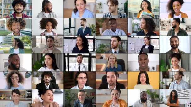 Collage Vídeo Una Gran Cantidad Personas Positivas Multirraciales Mirando Cámara — Vídeo de stock