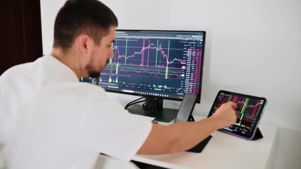 Stock Exchange Trading Male Trader Sits His Home Office Front Stock Footage