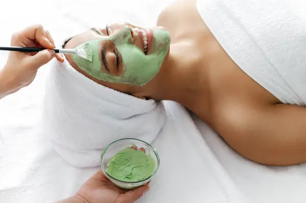 Close Process Therapist Applying Green Face Mask Half Face Beautiful Stock Image