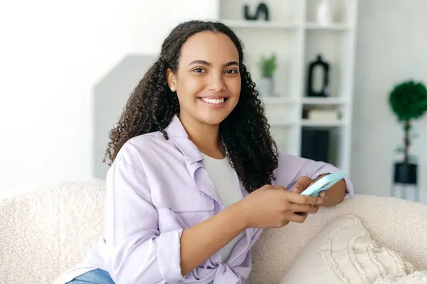 Gorgeous Brazilian Hispanic Curly Stylish Woman Sitting Sofa Home Living Stock Image